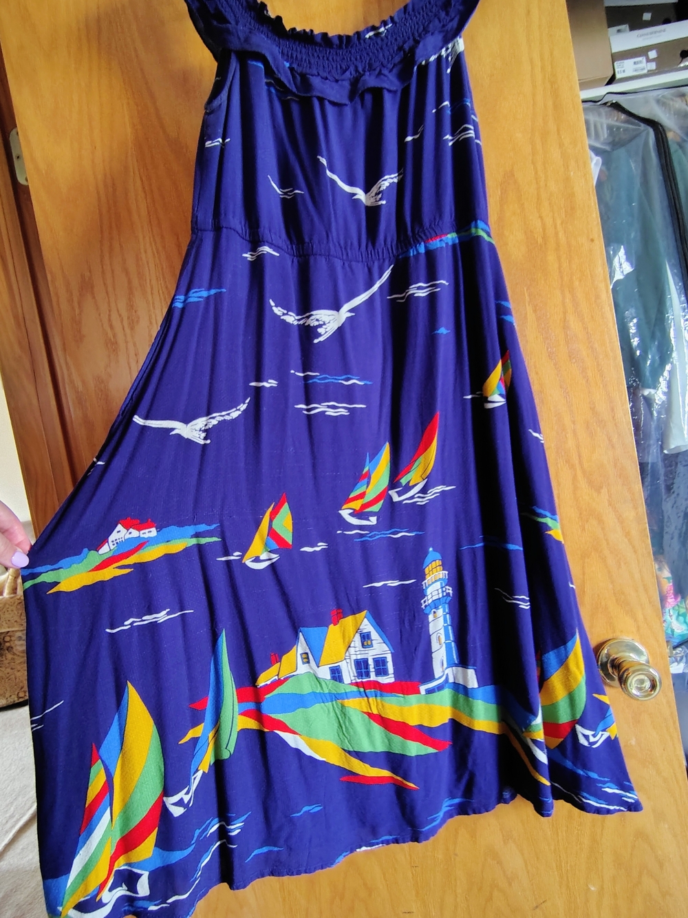Anthropologie Nautical Sailboat & Lighthouse Maxi Dress Size 4, Fits Like a Med